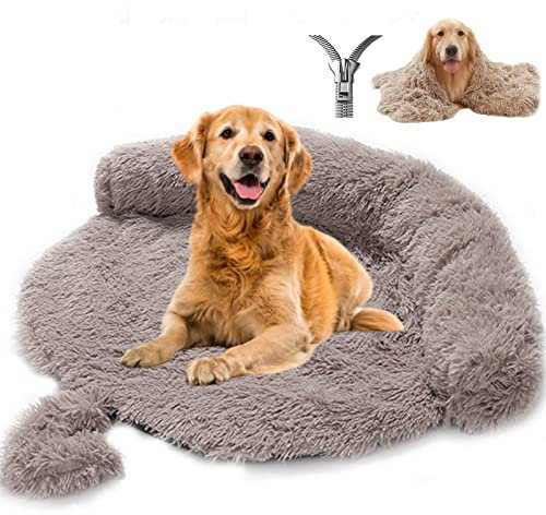 Hundedecke Couch für Sofaschutz Hund 2-in-1 Waschbar Plüsch Orthopädische Hundebett Decke mit Rutschfester Unterseite Bequeme Hundematratze für Hundekäfig Haustierbett Abnehmbar (M,Khaki B)