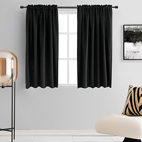 DONREN Kurze Vorhänge für die Küche, kleine Fenster, Tunnelzug, Verdunkelungsvorhänge, 1 Paar, 132 x 121 cm (B x L), Schwarz