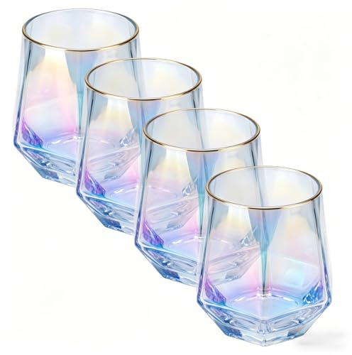 YUHANOER Stemless Wine Glasses Set Of 4,10Oz Iridescent Glassware,Modern Rainbow Glass Colored Tumblers for Red Wine,Bourbon,Cocktails,Whiskey,Gifts