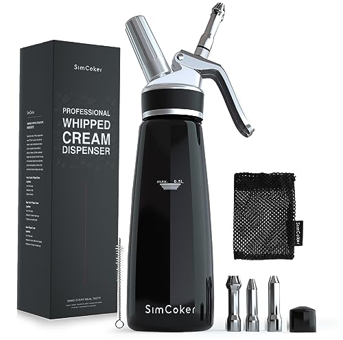 SimCoker Whipped Cream Dispenser, Aluminum Cream Whipper 500mL, Homemade Whipping Cream Maker, N2O Chargers Not Included,Dishwasher Safe,Black