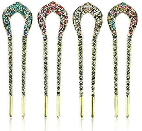 4 Pieces French Hair Pins, Metal U Shaped Hairpins, Vintage Double Prong Hair Forks Stick with Rhinestone Crystal, French Long Hair Hairstyle Accessories for Women