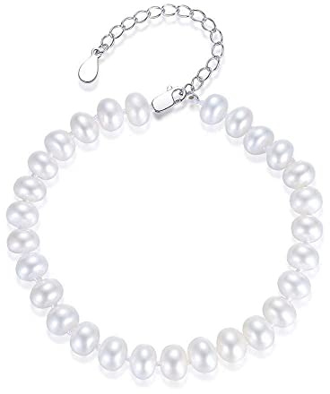 KIM JOHANSON® Damen Perlenarmband *Melody* in Silber | Mit echten weißen Süßwasser Perlen | Armband rhodiniert | Schmuck für Frauen | Klassisch | Ovale Perle | verstellbar inkl. Schmuckbeutel