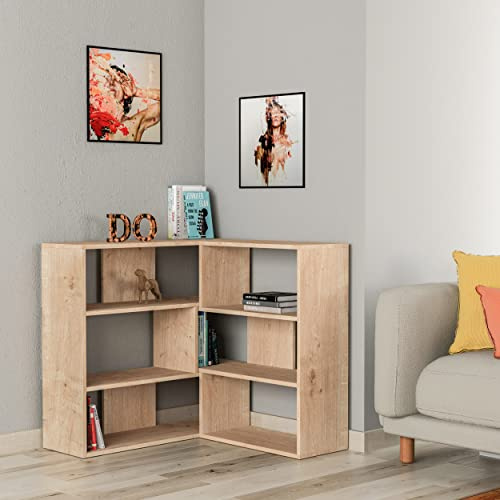 HOCUS PICUS Molly No:3 Corner Bookcase with Many Color Options - Living Room Furniture - Easy to Assemble - Book & Essentials Storage - Two Size Options (Eiche)
