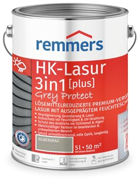 Remmers HK-Lasur 3in1 Grey Protect [plus] silbergrau, matt, 5 Liter, Lösemittelreduzierte Premium-Vergrauungslasur für außen, 3in1, schnelltrocknend, langlebig