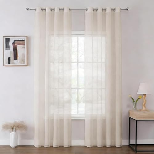 Joydeco Gardinen mit Ösen Transparente 2er Set, Optik Gardine Voile Ösenvorhang Ösenschal Durchsichtig Vorhang für Schlafzimmer Wohnzimmer Schlaufenschal (2xH225xB140, Leinen)