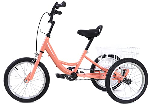 wanwanper 16 Zoll Kinder Dreirad, Single Speed 3-Rad Trike Tricycle, Kinderfahrrad 18T Schwungrad 1 Gang-Fahrrad 3 Räder Fahrrad Tricycle mit Einkaufskorb, Hellorange