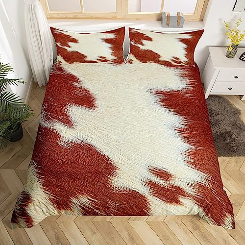 Funda de edredón con estampado de vaca lechera para mujer, funda de edredón de piel de vaca roja y marrón, tamaño King, juego de ropa de cama de piel de animal rústico, juego de cama de piel de