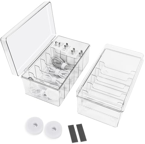 DoocliB Caja de almacenamiento de cables, 2 unidades, organizador de cables, 6 compartimentos, caja de gestión de cables con un rollo de bridas, cable transparente, caja de almacenamiento para