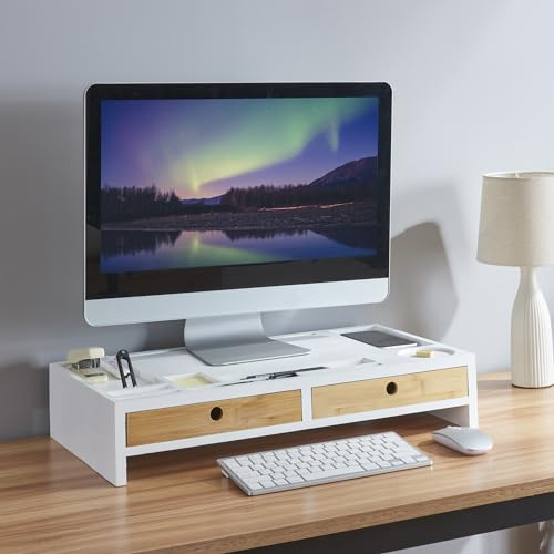 [en.casa] Monitorständer Hattula Schreibtischorganizer mit 2 Schubladen aus Bambus Bildschirmerhöhung für PC Laptop Monitorerhöhung Weiß Schreibtischaufsatz Becherhalter 58,5 x 32,5 x 11 cm