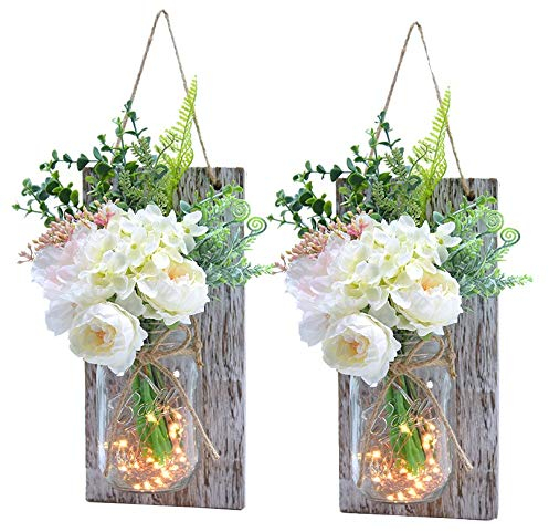 2 Packs LED String Light Vintage Mason Jar Wall Light Artificial Flower,LED String Light Vintage LED Fairy Lights for Home Garden Bar Decoration Whiteboard