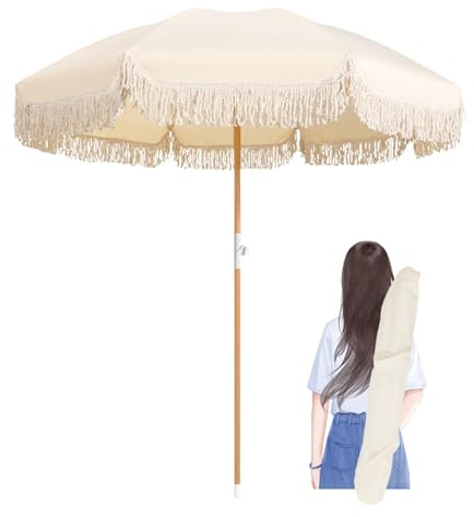 Beige Sonnenschirm Neigbar für Strand Mit UV 50+ Fransen, 200cm, 32mm Massivholz-Stange, Tragbar Gartenschirm Mit Tasche für Den Urlaub Im Freien/8 Rippen