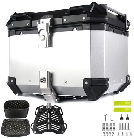 Maleta De Moto Estuche De Equipaje Compresivo, Aluminio De Motocicleta De Gran Capacidad Caja De Cola,Maleta para Equipaje De Aleación De Aluminio, Liberación Rápida(Color:Plata,Tamaño:55L: L 45cm*W