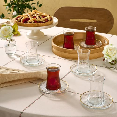 KARACA Nilufer Glass Tea Set, 6 Glasses with Saucers, 12 cm, Transparent with Gold Trim