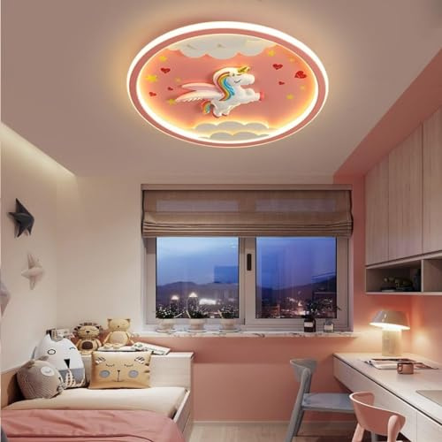 WOQuju Moderne Deckenleuchte Kindergarten Lampe Einhorn Decke Rosa Zeichnen Dimmen Beleuchtung Junge Mädchen Zimmer LED-Beleuchtung Kinderzimmer Lampenschirm Innendekoration Lampe Wohnzimmer Esszimmer