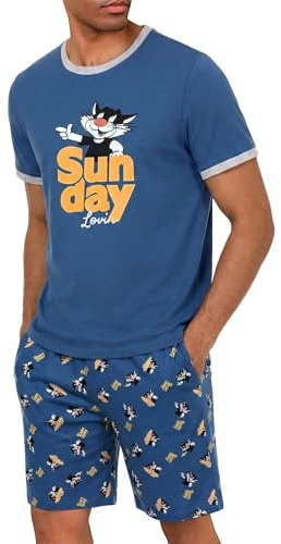 Demegimi Ensembles de Pyjama Homme Vêtements de Détente à Manches Courtes Impression de Motif Mignon Été Coton Vêtements de Nuit Chemise Impression de Motif Mignon(Gris Bleu,XXL)