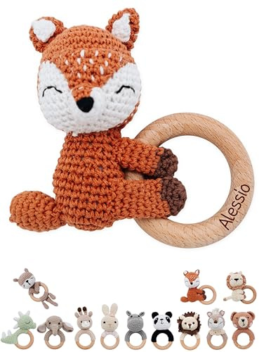 wunderwunsch® - Personalisierter Beißring Baby - Niedlicher Greifling für Baby's ab 0 Monate - Babyrassel mit Name als Baby Geschenk für Mädchen und Jungen (Fuchs liegend,ohne Name)
