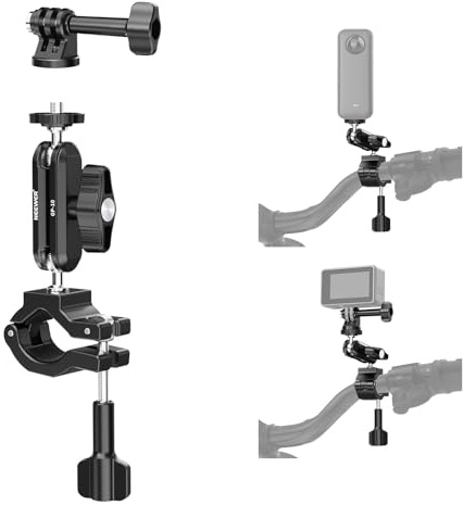 NEEWER Soporte para Barra de cámara de acción, Dos Cabezales de Bola de 360°, Adaptador de cámara de acción de Tornillo de 1/4, Soporte para Manillar de Moto y Bicicleta, Compatible con GoPro Hero13