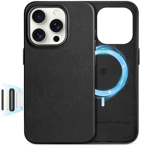 SHIELDON Lederhülle für iPhone 16 Pro 6,3 5G 2024, Schwarz | Echtleder, Kabelloses Laden, Kompatibel mit MagSafe, Kamerasteuerung, Leichte Schutzhülle, Dünne Hüllen