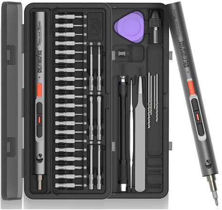 Mini Electric Screwdriver Set with Drilling,250RPM,0.15-0.6N.m,for Phone,PC | with LED Work Light,Magnetic Bit,Drill Chuck,Crowbar,Tweezers,Magnetizer,Flexible Shaft,USB Type-C Charging Cable,Storage Box