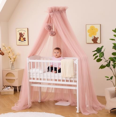 ALAVYA HOME® Betthimmel Tüll 120cm lang für Babybett & Wiege, Moskitonetz mit 2 Bommeln und Himmelstange I Babyzimmer Deko Schützt & Verzaubert Ihr Baby im Schlaf (Rosa)