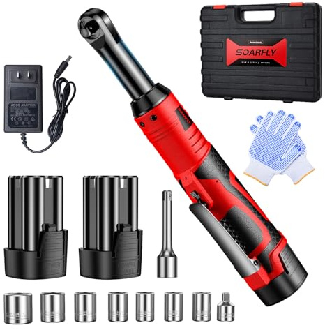 SOARFLY 3/8 Cordless Ratchet Wrench, Extended Electric Ratchet Wrench, 40 Ft-Lbs 450 RPM 16.8V Cordless Battery Powered Ratchet Wrench Set with 2 Batteries, Variable Speed, 7 Sockets, LED Light