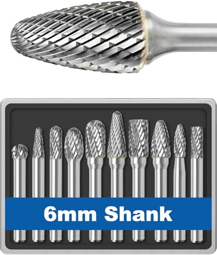 10 Pcs Carbide Burr Set Kit 6mm Shank (Not Fit 1/4 Collect) Die Grinder Bits Drill Bits Grinding Bits for Metal Rotary Tool Attachment Accessories Rasp Weld Wood Stone Plastic Cut Deburr Port Carve