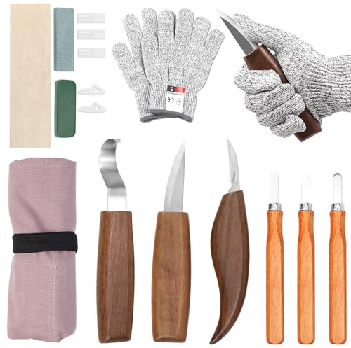 BHHTBB Holz Schnitzwerkzeug Schnitzmesser Set 11-teilig Holzschnitzset Holz Schnitzen Werkzeug für Erwachsene & Kinder, mit Tasche & Abziehstein, Ideales für Anfänger und Profis