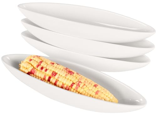 jinsongdafa Ceramic Select Corn Holder 28cm Corn Cob Bowls Set of 4 White Serving Platters for Nuts, Olives, Snacks, Cheese, Non-Slip Base - Microwave and Dishwasher Safe