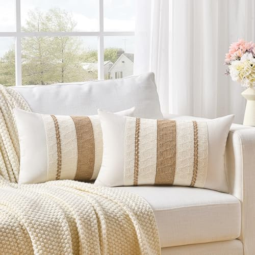 FDTERN Lot de 2 Housses de Coussin Bohème 30 x 50 cm Neutre, Housses de Coussin Décoratives en Lin, Coussins Décoratifs pour Canapé Décoration pour Canapé Chambre à Coucher et Salon