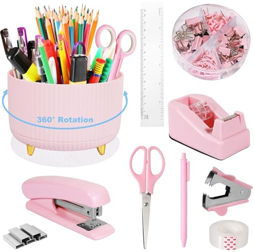 JIPITIMI Organizador de suministros de escritorio, soporte giratorio de 360° para escritorio, accesorios de oficina rosa para mujeres, niñas, organizador de accesorios de escritorio para el hogar, la