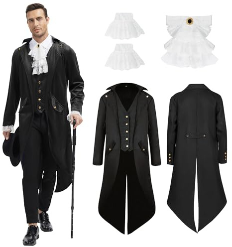 rumnigh Men's Steampunk Jacket Victorian Vintage Gothic Court Tailcoat | Medieval Victorian Vintage Jacket Uniform Long Tuxedo with collar decoration and cuff flowers for Halloween cosplay