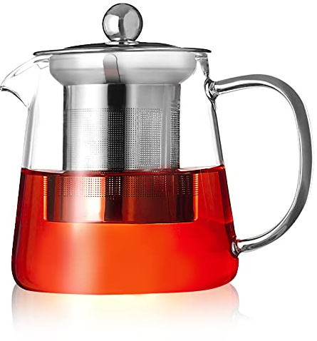 PluieSoleil Clear Glass Teapot with Infuser, Round Shape Infuser Tea Pot, Heat-Resistant Borosilicate Glass Strainer Teapot 750ML