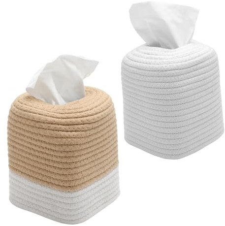 Caja de Pañuelos Cuadrada Set de 2 en Cuerda de Algodón Porta Pañuelos Diseño Moderno, Caja de Pañuelos Decorativa para Salón, Dormitorio, Oficina y Mesa de Comedor Dispensador de Pañuelos Elegante
