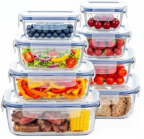 8 Pack Glass Food Storage Containers with Lids, Reusable Meal Prep Containers, Leak-Proof, BPA-Free, Airtight Glass Lunch Box with Lids, Safe for Microwave, Oven, Freezer, and Dishwasher (Blue)