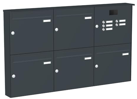 KNOBLOCH Briefkastenanlage | Aufputz | 5-Fach | mit Audio-Türsprechanlage Comelit + Innenstationen | Anthrazit RAL 7016 | senkrecht | optional 2. Namensschild & 3 Schlüssel