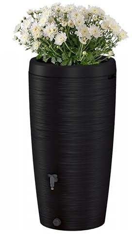 Rainwater Tank Water Butt Plastic Rain Collector Container 240L + connection Kit With Flower Insert Garden Irrigation Cistern Barrel tap + connectors (Black)