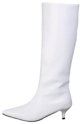 WXDTW Botas altas hasta la rodilla para mujer, botas altas hasta la rodilla con tacón de gatito para mujer, a la moda, informales, puntiagudas, pantorrilla ancha, botas largas, White, 40.5 EU