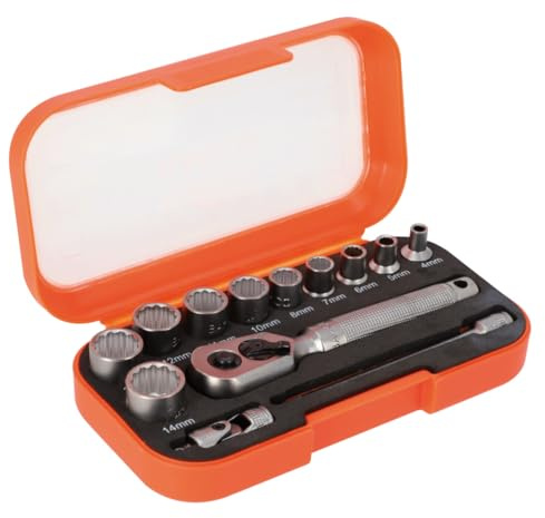 Bahco SBS13MC10.5 13 Piece 1/4in Drive Socket Set Compact Carry Case Kit | 13 piece 1/4in drive socket set with bi-hex sockets, quick release ratchet, universal joint and 100mm wobble extension.