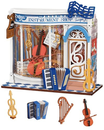Rolife DIY Miniature House Kit Melody Instrument Shop, 63-Piece Model Kit Dolls House for Adults Teens No Glue Needed, 3D Puzzle Mini House Building Kit 1.5-Hour Assembly Book Nook Craft Kit