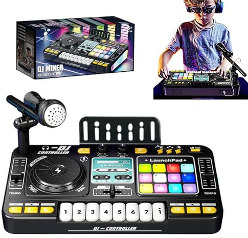 Giocattolo educativo per DJ Mixer per bambini - Mixer audio digitale interattivo per l'apprendimento con tastiera di pianoforte illuminata, strumento musicale portatile ricaricabile tramite USB