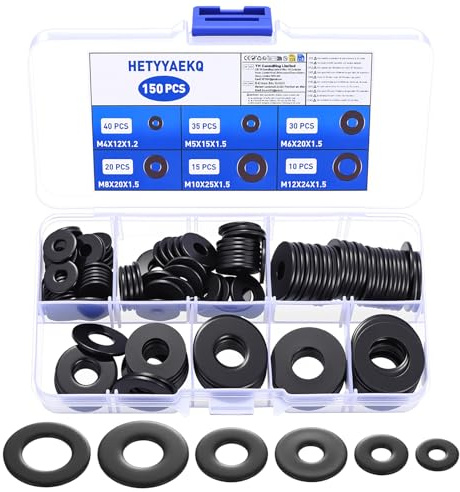 150 Stück Edelstahl Unterlegscheiben Set, Beilagscheiben Set, Edelstahl Karosseriescheiben Sortiment, Flache Unterlegscheiben Schwarz für Schrauben Muttern, M4 M5 M6 M8 M10 M12