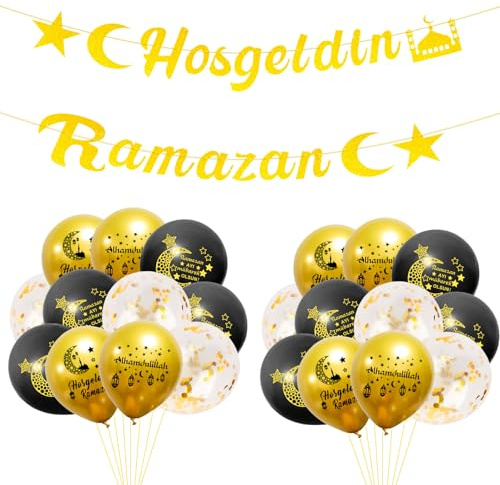 18 Stück Ramadan Luftballons und Hosgeldin Ramazan Banner, Ramadan Girlande Banner, mit Mond Stern Laterne Muster, für zu Hause Drinnen & Draußen