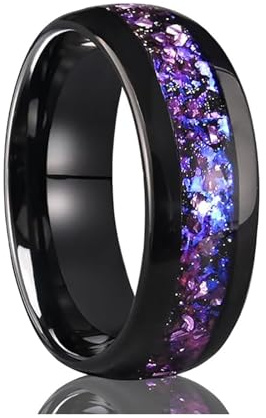 Ayoiow Anello in Tungsteno Uomo, Intarsio in Cristallo Viola Anello per Fidanzamento Acciaio Al Tungsteno Nessuna Pietra Preziosa, Nero Taglia 14