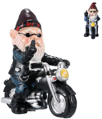 Nain de Jardin Moto, Nains de Jardin en extérieur, Nain de Jardin avec Doigt d'Honneur, Nains de Jardin Humour, 13,3 x 13 cm, Figurine de jardin amusante, Décoration Extérieures pour Terrasse, Balcon