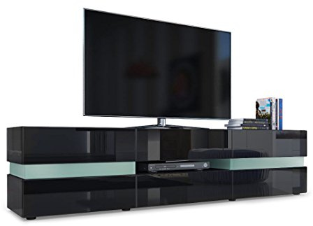 Vladon Buffet Bas Flow, Meuble TV avec vitre d’Ambiance rétroéclairée, 2 Portes, 1 tiroir et 1 clapet, Noir Haute Brillance/Noir Haute Brillance (177 x 45 x 39 cm)