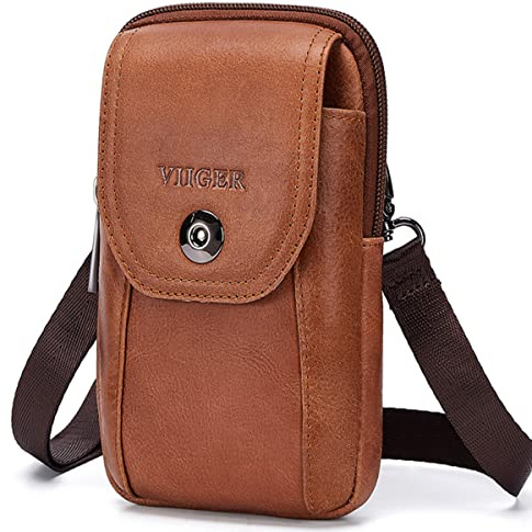 VIIGER Genuine Leather Cell Phone Holster Magnetic Cover Belt Clip Pouch Compatible for iPhone 17 Pro Max Case 16 Pro Max S25 Ultra with Belt Loop Crossbody Phone Purse Shoulder Bag for Women, Brown