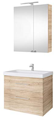 Planetmöbel Badmöbel Set Waschtisch mit Unterschrank 63 x 60 x 36,5 cm, Spiegelschrank 60 cm mit LED-Leuchte (schwarz matt) & Steckdose, Moderne Badezimmer Möbel, Sonoma Eiche