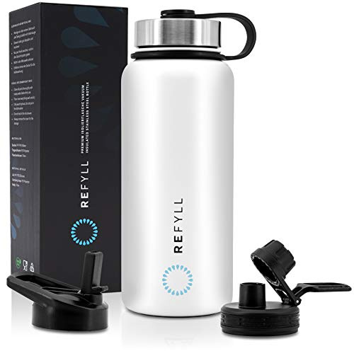REFYLL Trinkflasche Edelstahl “easyFYLL” 1000ml I Premium Thermoflasche für Wandern, Fitness, Fahrrad, Schule und Büro I Wasserflasche Edelstahl + Gratis Sportdeckel & Deckel mit Strohhalm