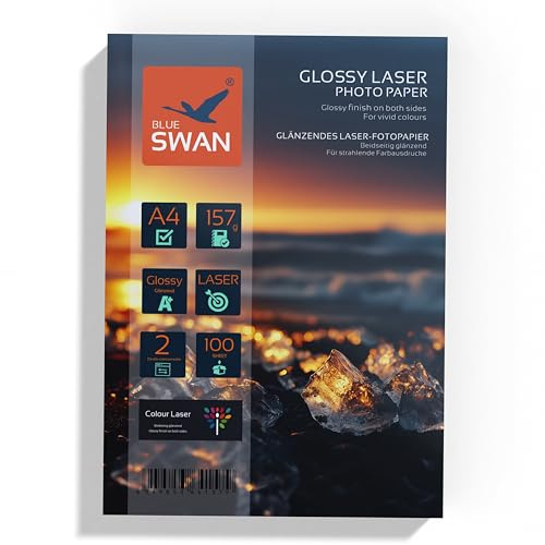 Blue Swan A4 Laser Glanspapper, 157gsm, 100 Ark, Dubbelsidigt Glans, Hög Färgåtergivning, Kompatibel med Laserskrivare