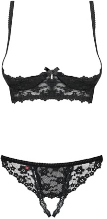 Obsessive. Frauen Dessous Spitzen Reizwäsche Set aus Unterbrust BH mit gepolsterten Cups und ouvert String in Schwarz teiltransparent Schleifen Schwarz teiltransparent Größe: S/M